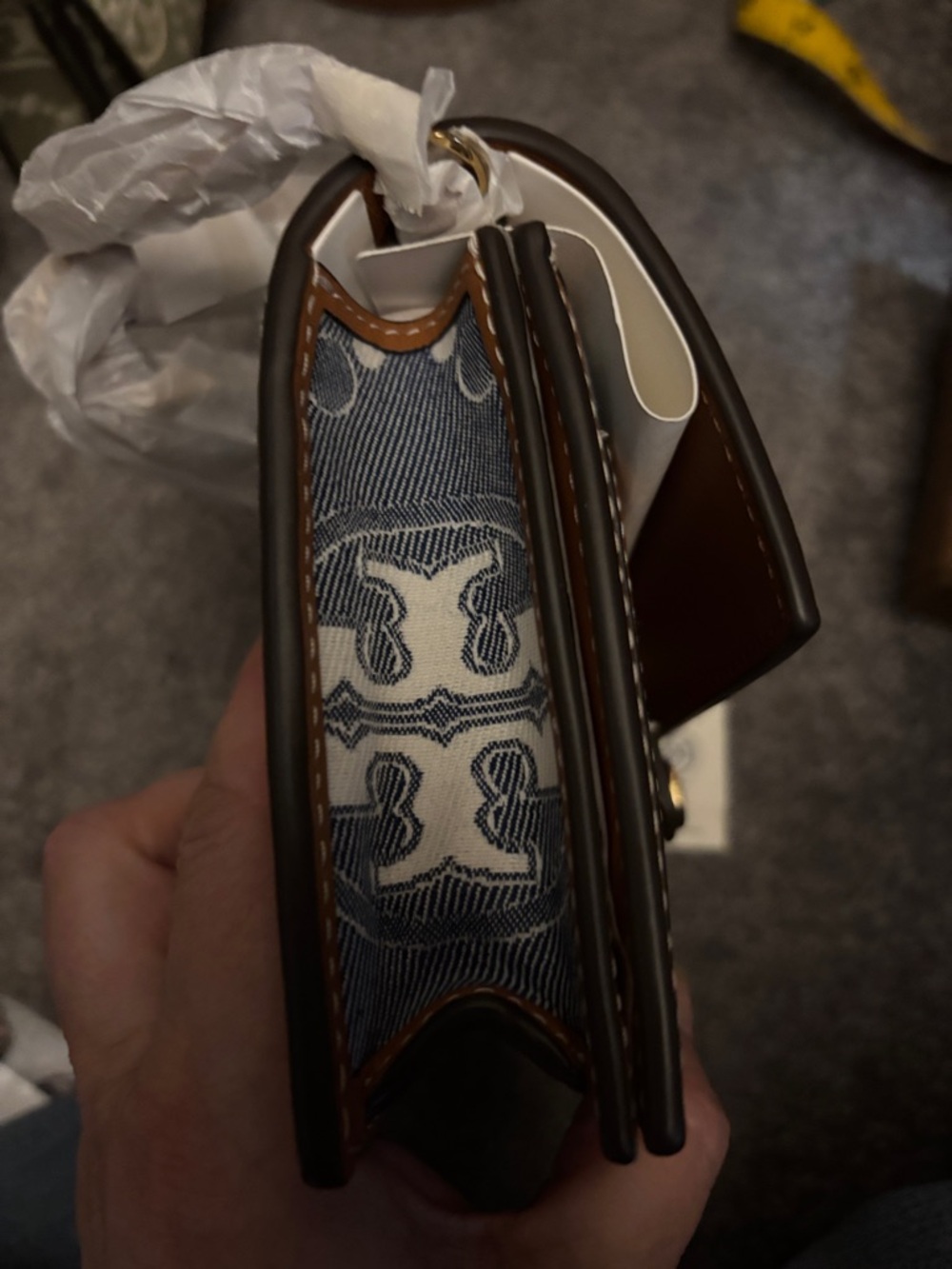 Tory Burch Blue Denim Logo Shoulder Bag with Brown Trim - Picture 3 of 8